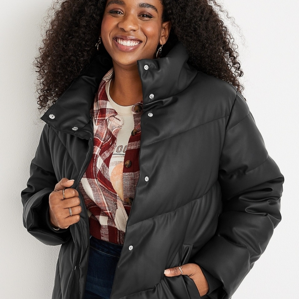 Maurices 2XL Plus Size Black Faux Leather Short Puffer Jacket
